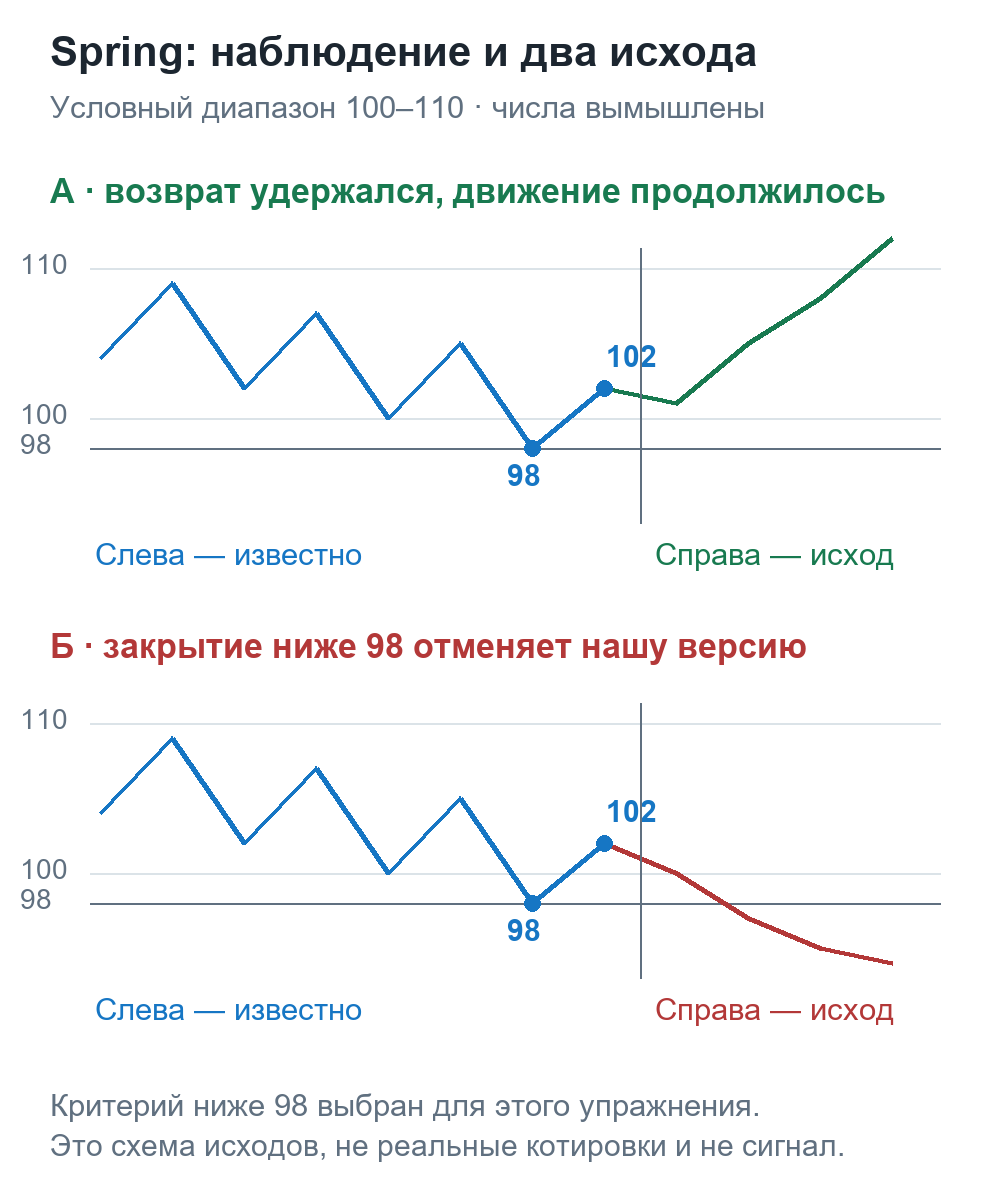 Условный Spring: диапазон 100–110, минимум 98 и возврат 102; затем два вымышленных исхода — удержание возврата или закрытие ниже 98.